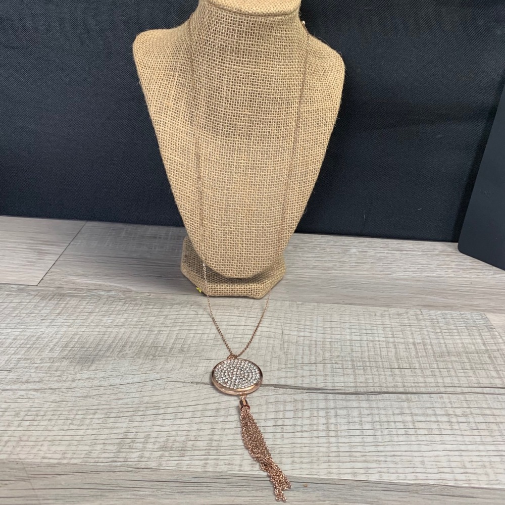 Rose Gold Tone Rhinestone Pave Circle Tassel Long Pendant Necklace 28 Inch
